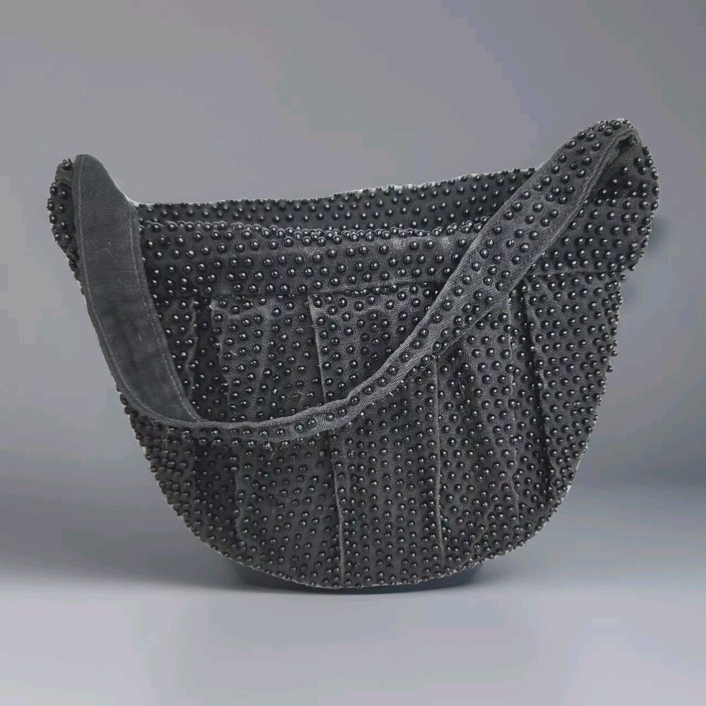 Vintage Plastic Beaded Bag Pleated Satchel Crescent Black Zippered Closure - Picture 2 of 16